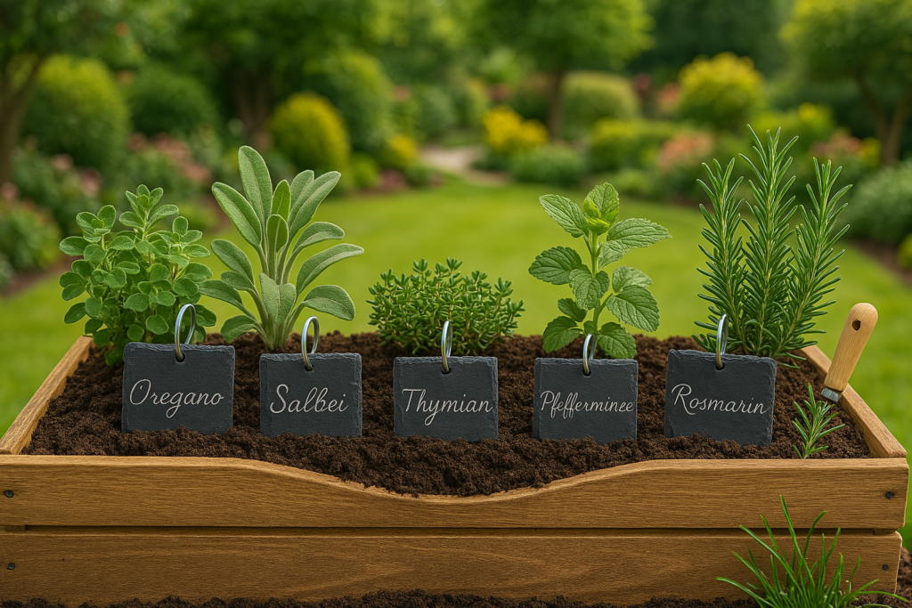 Kräutergarten mit Schiefertafeln graviert mit den Namen