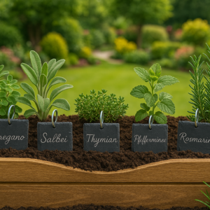 Kräutergarten mit Schiefertafeln graviert mit den Namen